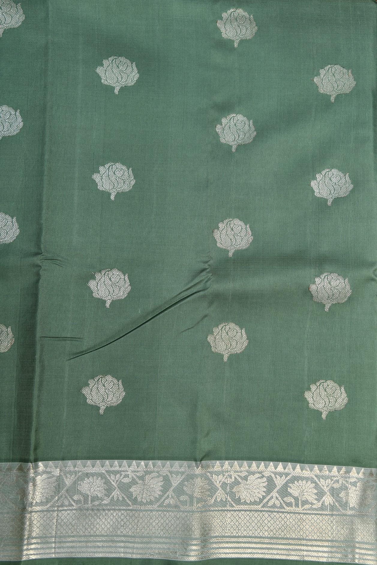 Silver Zari Border And Rose Flower Buttis Sage Green Kanchipuram Silk Saree
