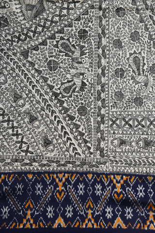 Madhubani Handpained Pallu Ikat Pattern Ivory Pochampally Silk Saree