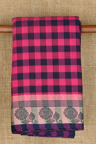 Thread Work Flower With Pink And Navy Blue Checks Chettinadu Cotton Saree