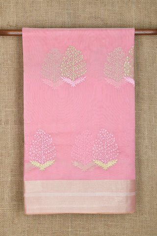 Zari Border In Embroidered Tree Motif Pastel Pink Semi Kota Saree