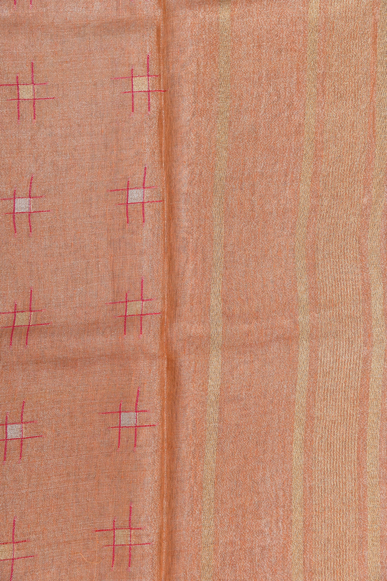 Thread Work, Gold And Silver Zari Buttis Peach Linen Cotton Saree