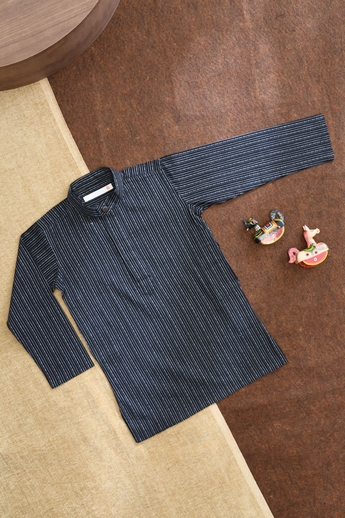 Chinese Collar Closed Placket With Dobby Weave Black Cotton Kurta