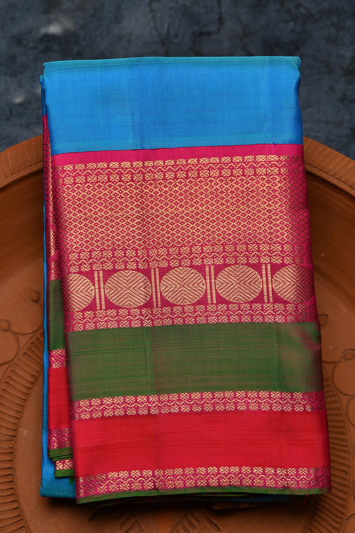 Korvai Big Traditional Border In Plain Turquoise Blue Kanchipuram Silk Saree