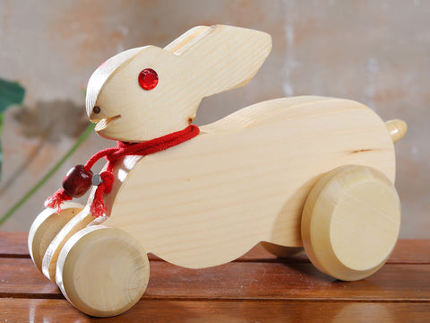Pull Along Moving Toy Rabbit Set Of 2 Wooden For Kids