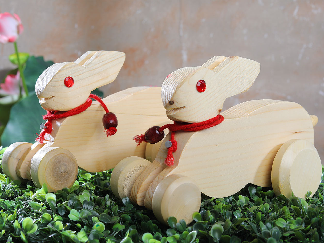 Pull Along Moving Toy Rabbit Set Of 2 Wooden For Kids