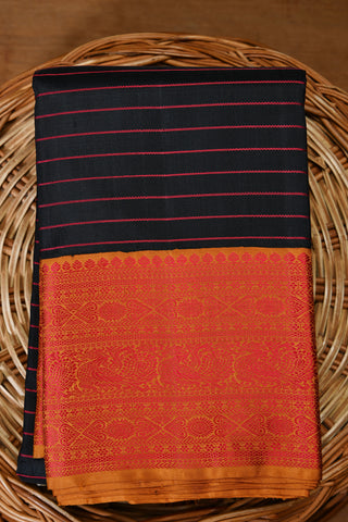 Contrast Border Red Stripes Black Kanchipuram Silk Saree