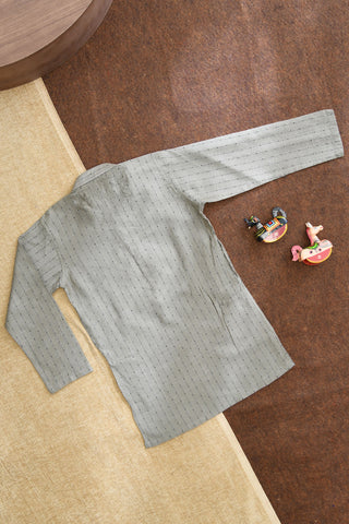 Chinese Collar Closed Placket In Stripes Grey Tussar Silk Kurta