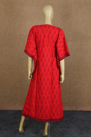 Patch Work U-Neck With Tie-Up Paisley Design Red Printed Cotton Kaftans