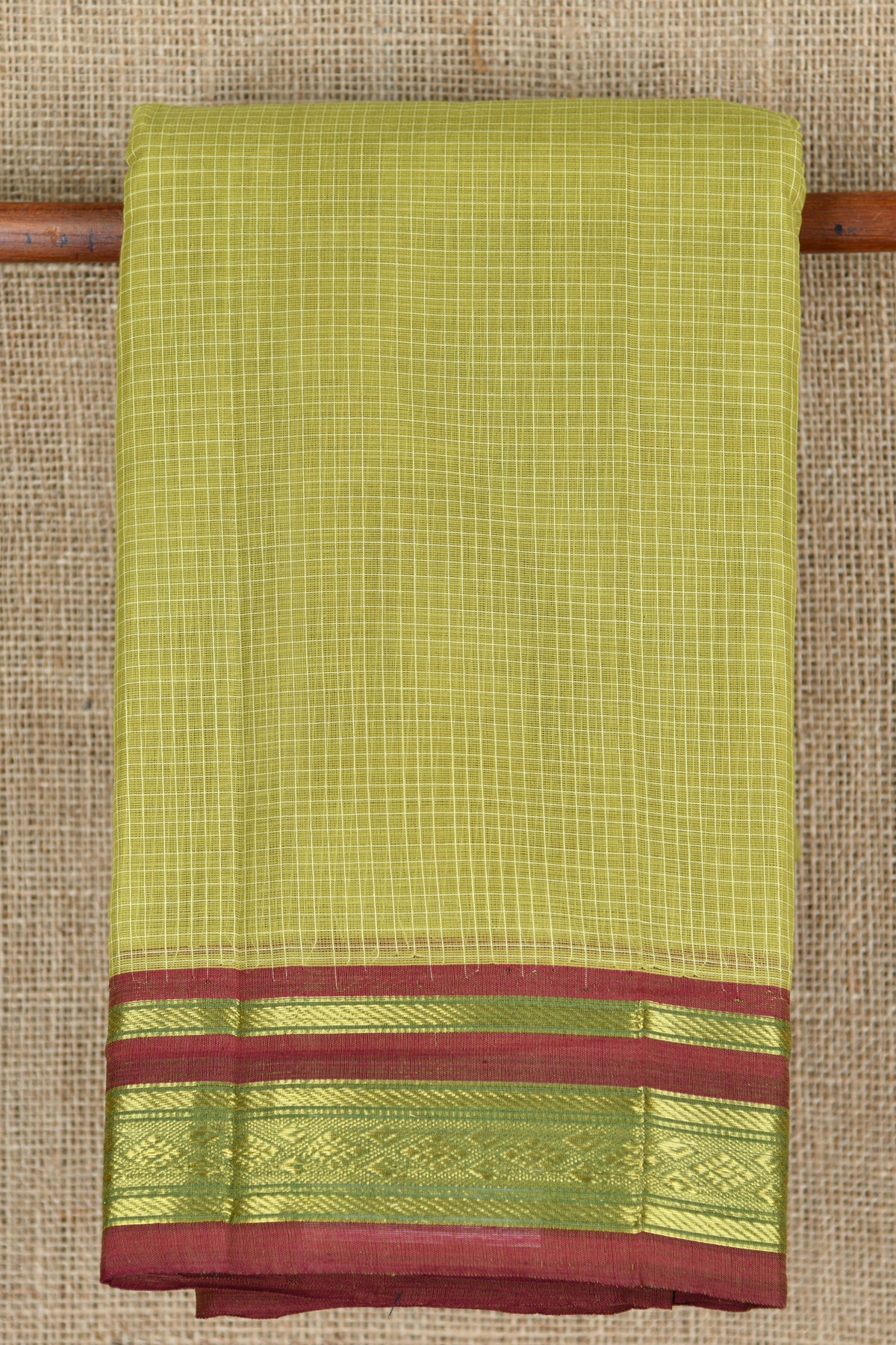 Small Checked Design Mehandi Green Gadwal Cotton Saree