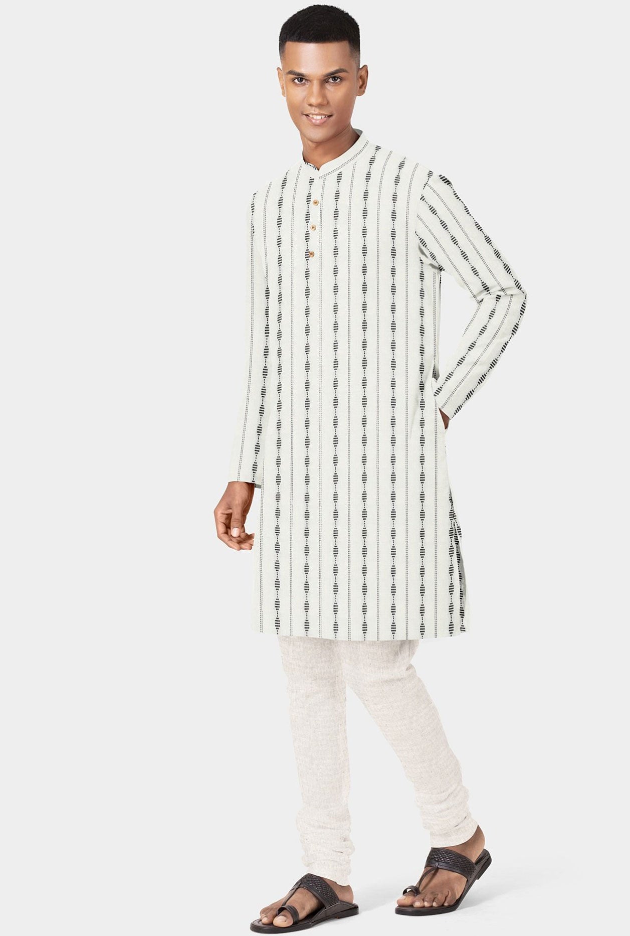 Chinese Collar Placket With Stripes Off White Dobby Cotton Long Kurta