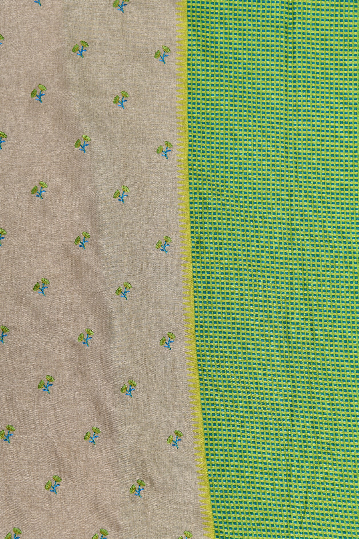 Small Checked Border With Emroidered Floral Buttis Taupe Grey Tussar Silk Saree