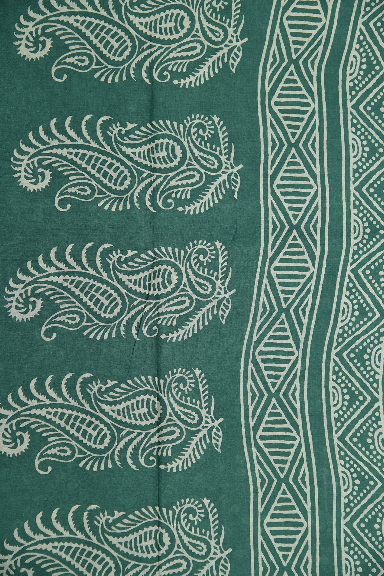 Geometric Design Chevron Border Teal Green Printed Cotton Saree