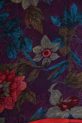 Botanical Digital Printed  Dark Purple Chiffon Saree