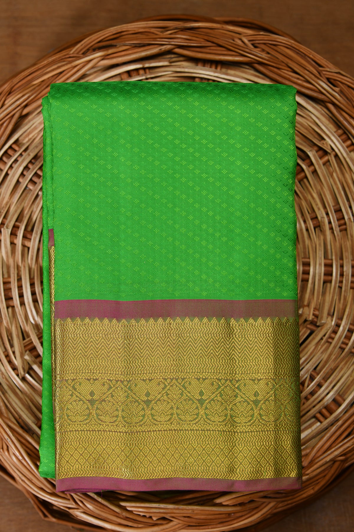 Temple Border Design Parrot Green Kanchipuram Silk Saree