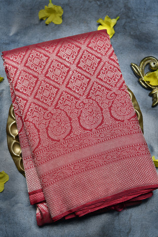 Geometric And Paisley Design Punch Pink Kanchipuram Silk Saree