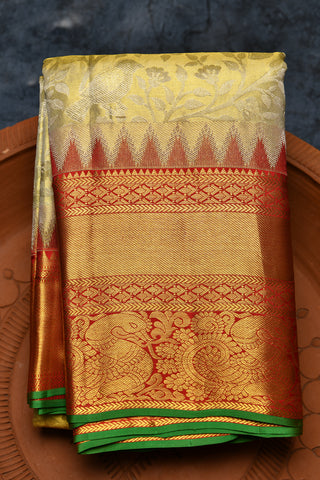 Traditional Border With Floral Creepers And Sparrow Design Soft Yellow Kanchipuram Silk Saree