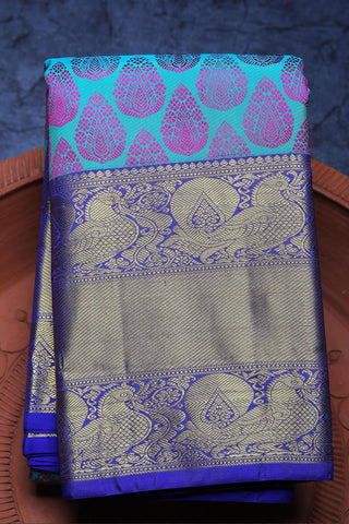 Peacock Border With Thread Work Thilagam Butta Teal Blue Kanchipuram Silk Saree