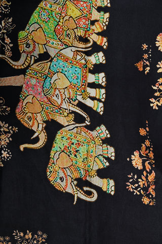 Elephant Design Digital Printed Black Satin Crepe Saree