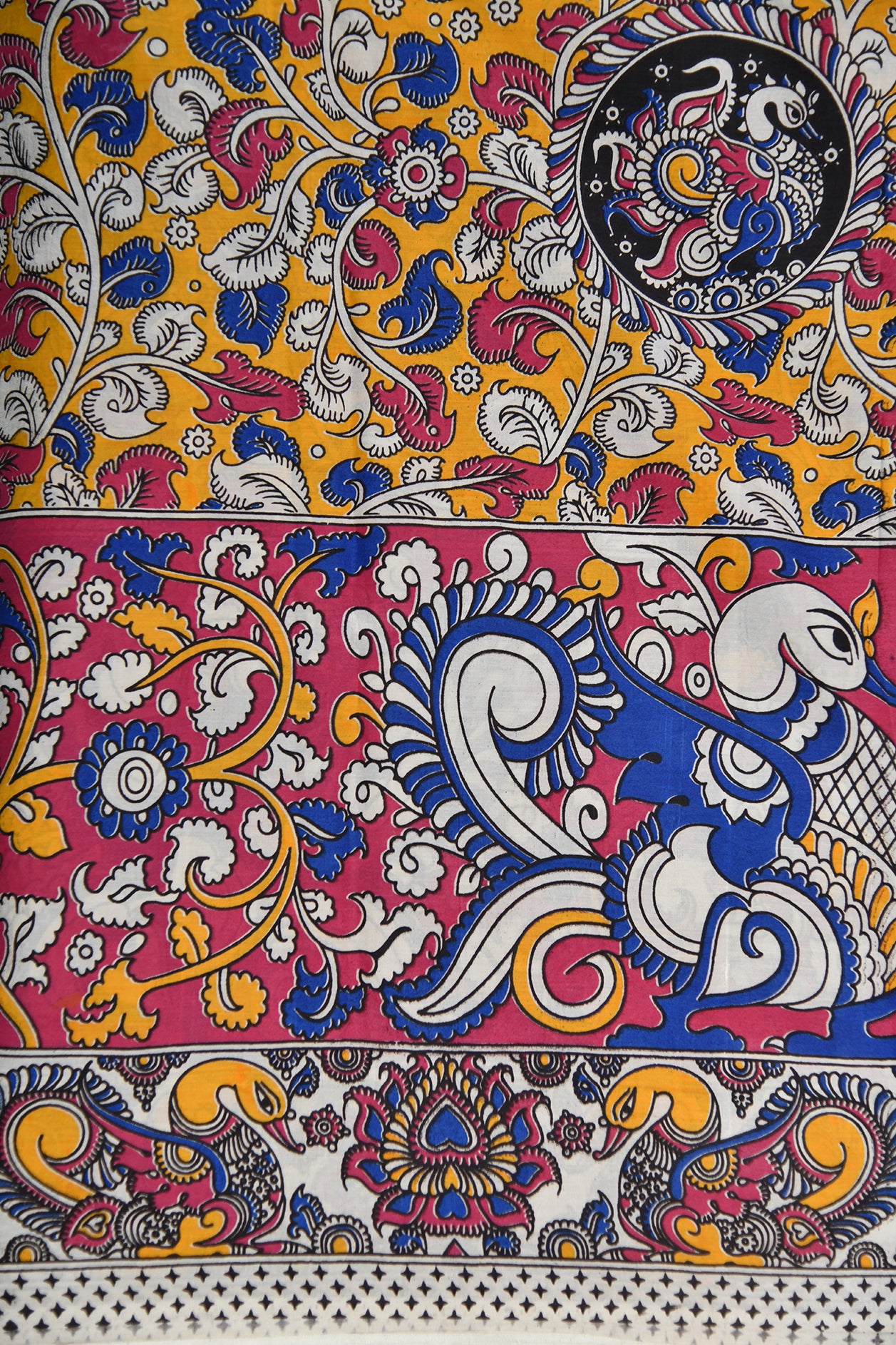 Annam Printed Blue And Maroon Kalamkari Cotton Saree