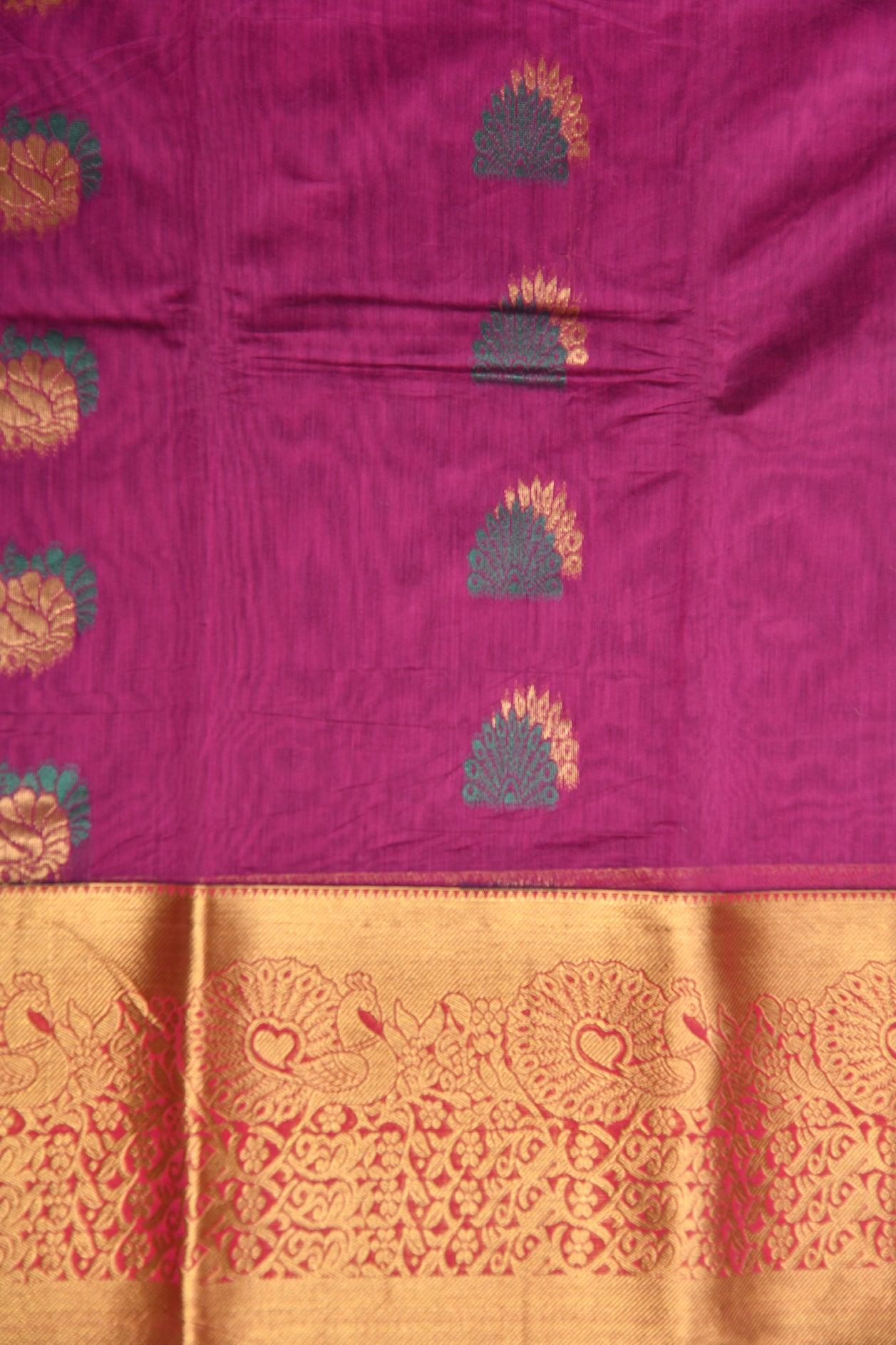 Traditional Zari Border With Peacock Motif Magenta Pink Kora Silk Cotton Saree