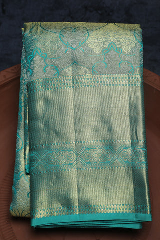 Silver And Gold Zari Floral Design Cyan Blue Kanchipuram Silk Saree