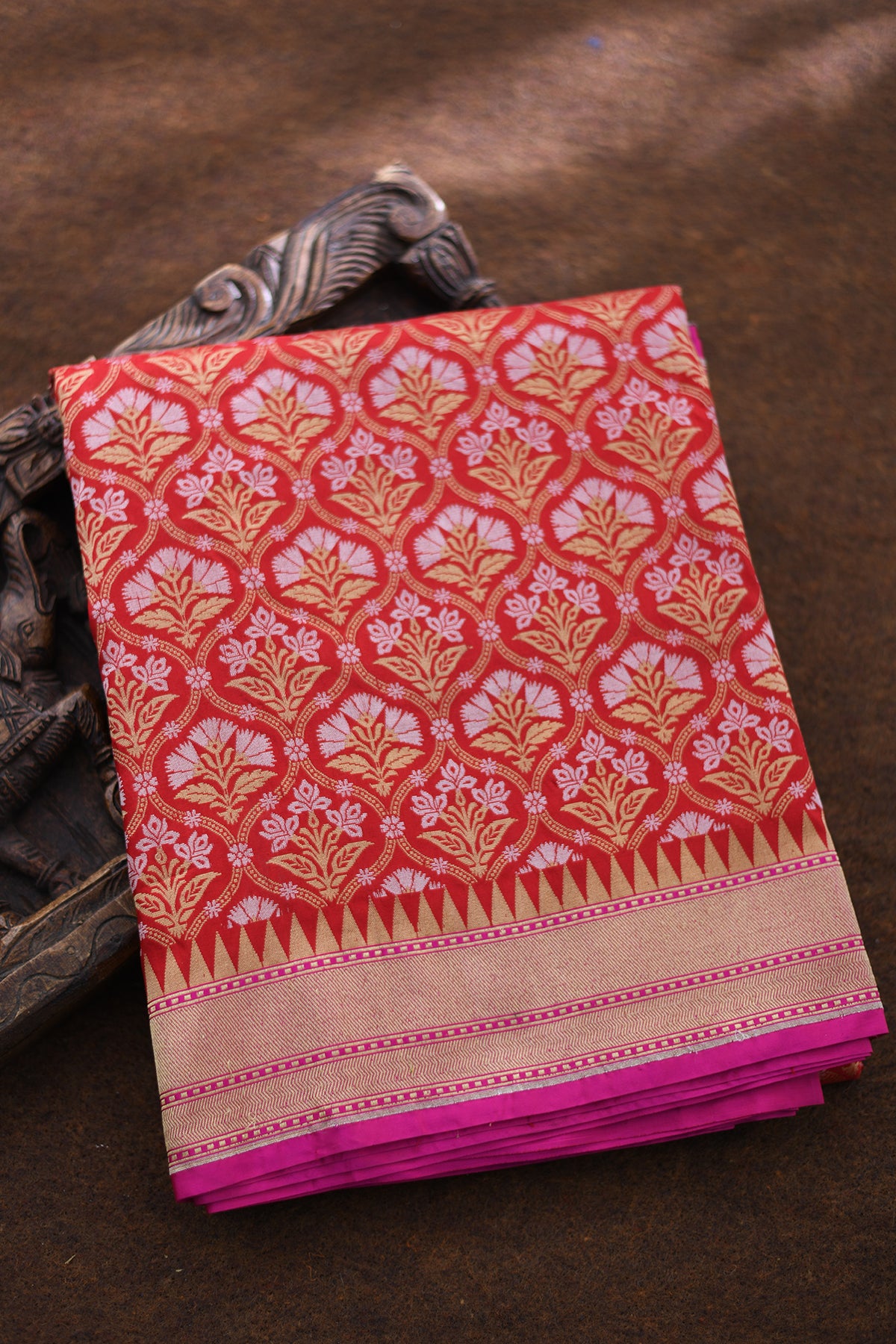 Allover Floral Pattern Chilly Red Banaras Silk Saree