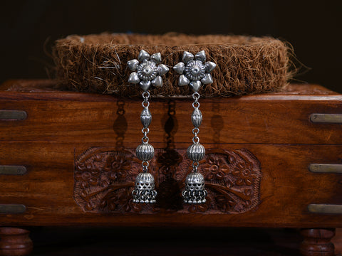Floral Hanging Oxidised Pure Silver Earrings