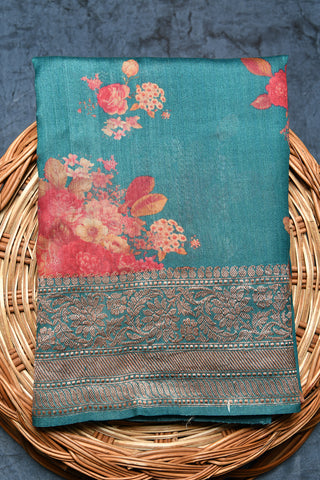 Botanical Print Teal Blue Tussar Silk Saree