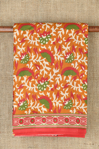 Floral Design Rust Brown Printed Cotton Saree