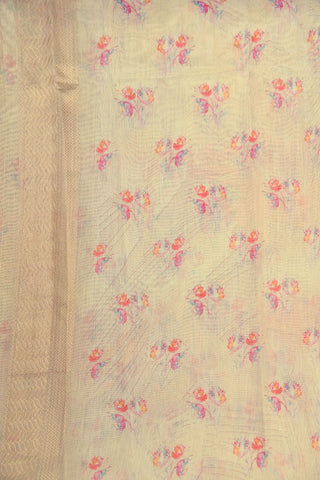 Zari Border With Floral Digital Printed Cream Color Semi Linen Silk Saree