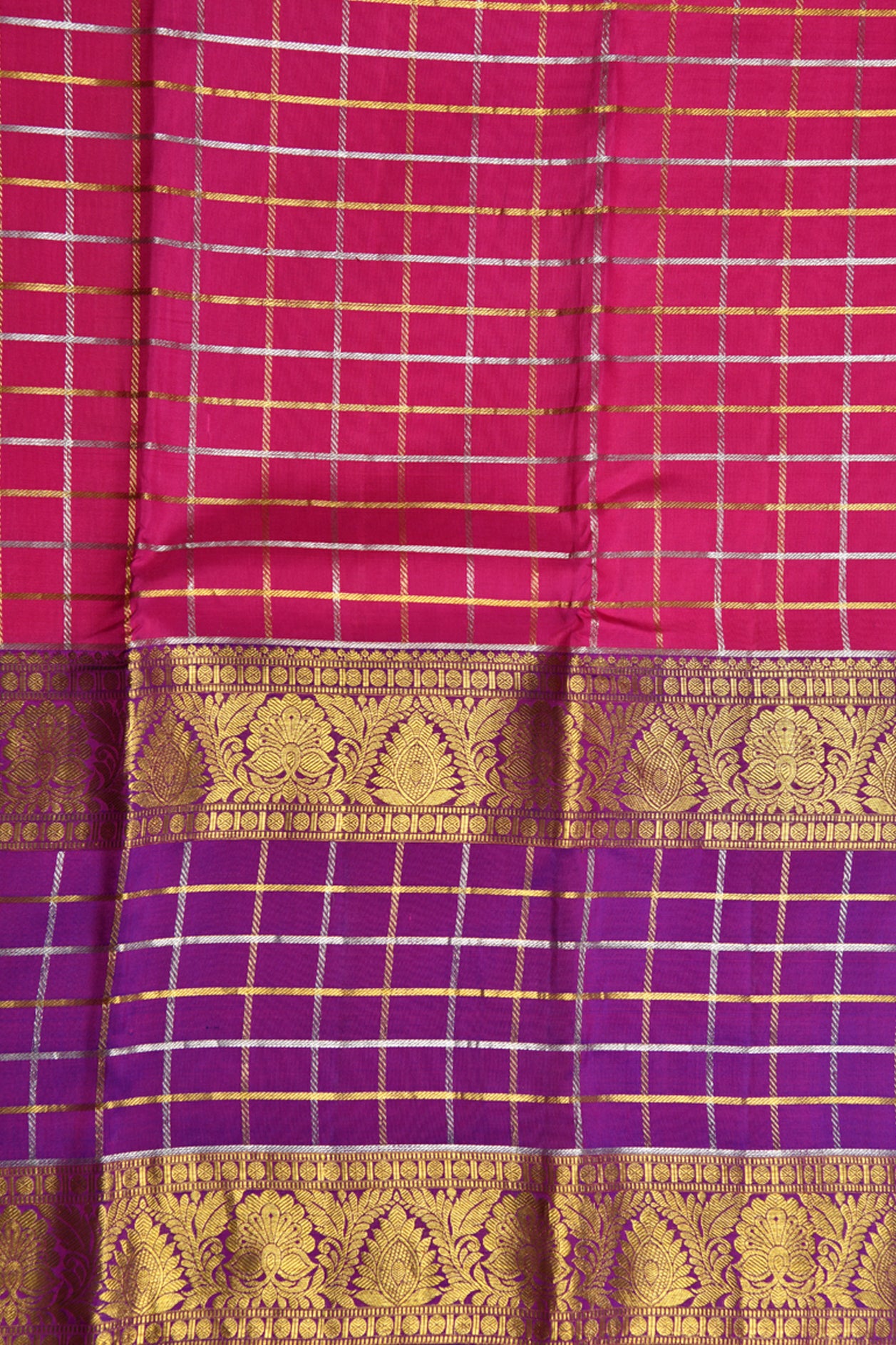 Gold And Silver Zari Checked Magenta Pink Kanchipuram Silk Saree
