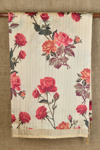 Floral Design Ivory Kanchipuram Printed Silk Saree