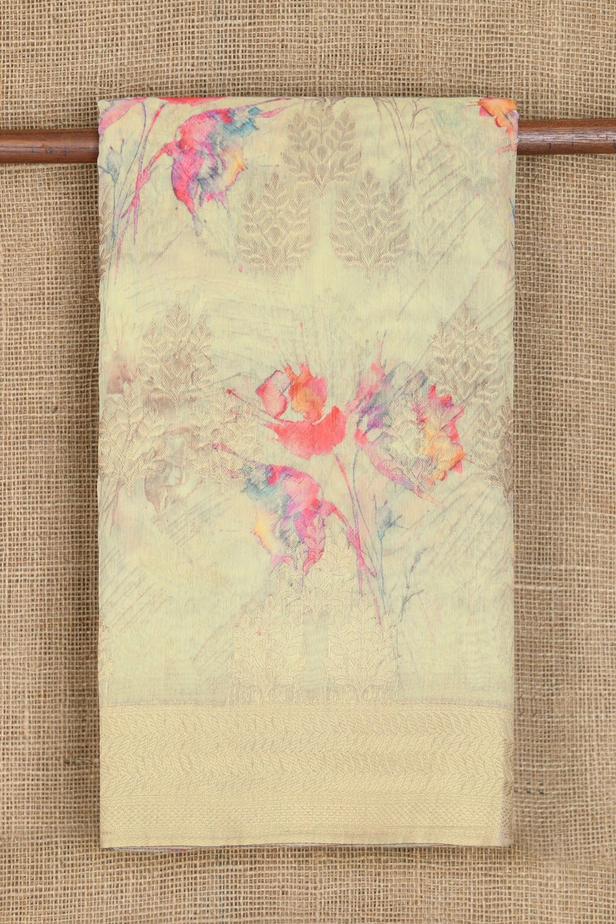 Zari Border With Floral Digital Printed Cream Color Semi Linen Silk Saree