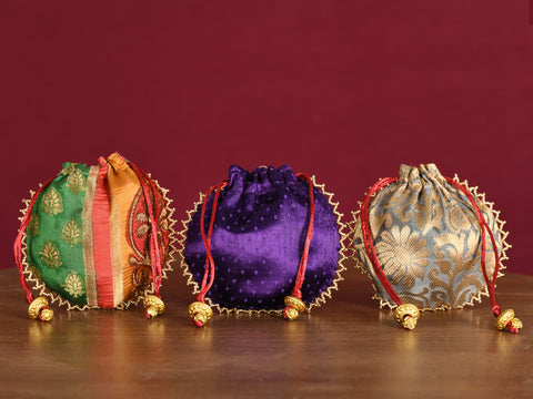 Assorted Set Of 3 Semi Raw Silk Small Potli Bags