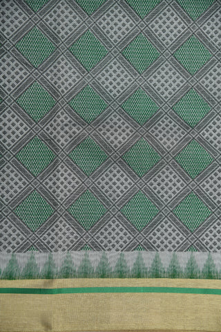 Temple Border With Geometric Design Grey And Green Chanderi Cotton Saree