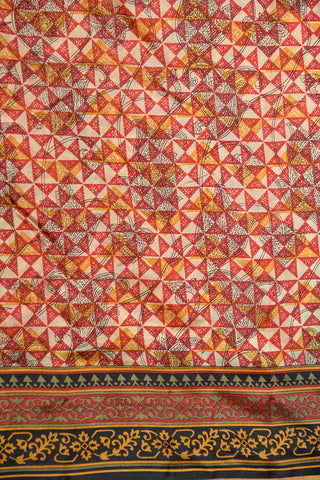 Contrast Border With Geometric Design Digital Printed Ochre Red Raw Silk Saree