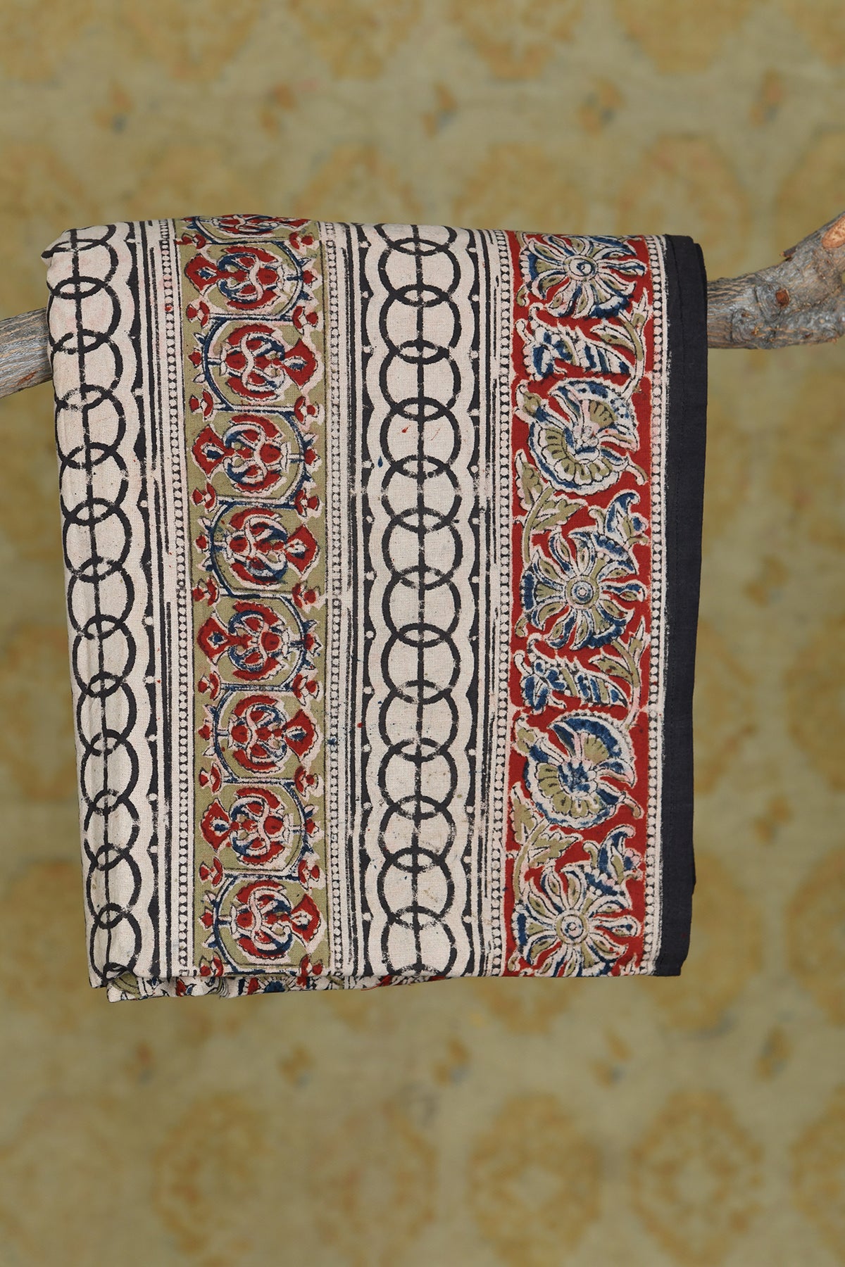 Off White With Rust Red And Black Kalamkari Printed Pure Cotton Double Bedspread