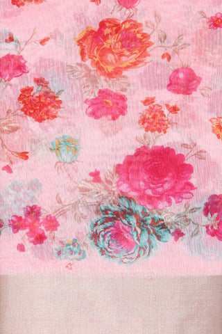 Zari Border With Floral Digital Printed Pastel Pink Semi Jute Saree