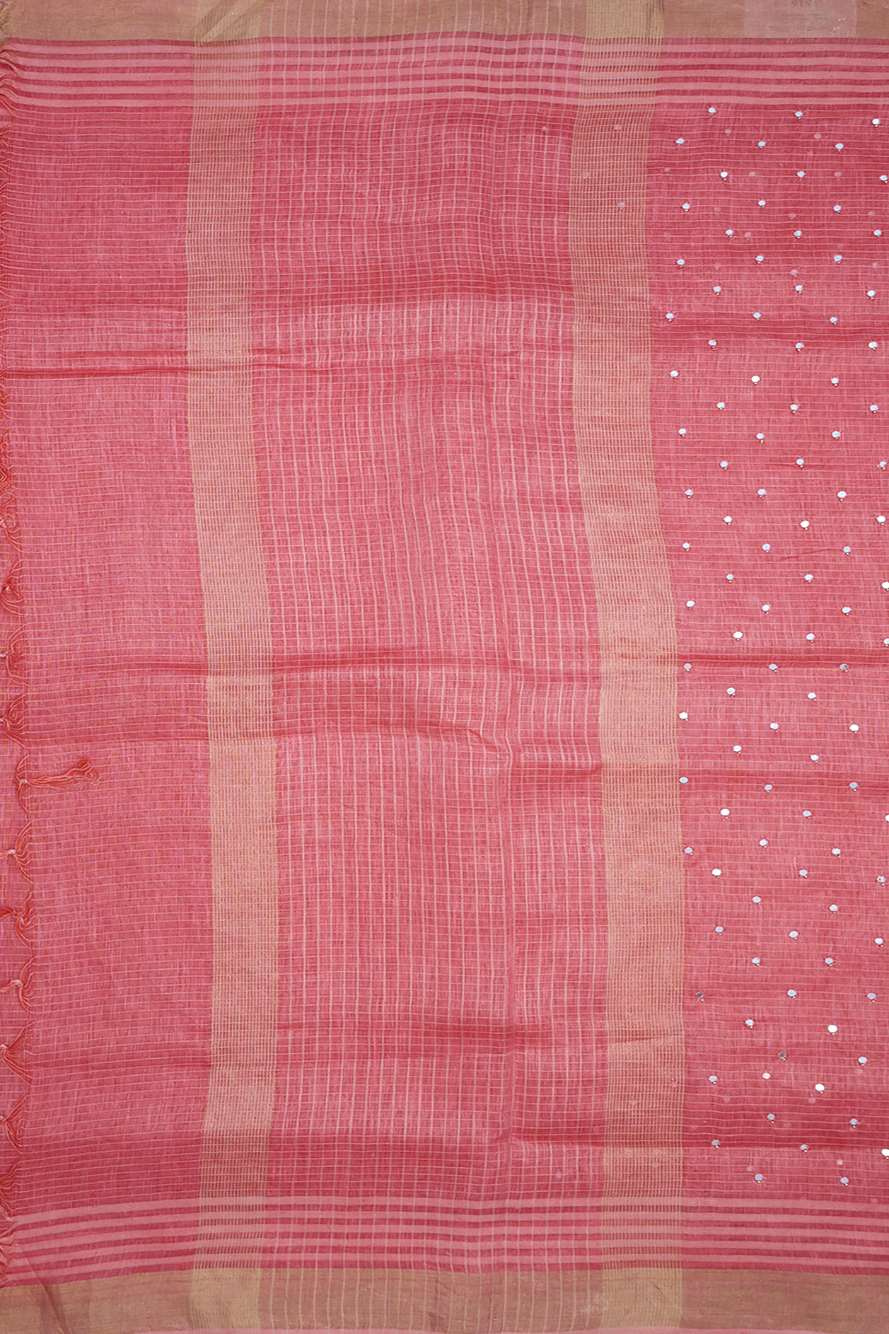 Mirror Work Design Pink Linen Saree
