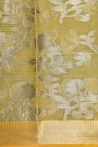 Contrast Temple Zari Border With Gold Tissue Floral Creeper Design Corn Yellow Semi Banaras Silk Saree