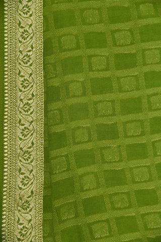 Checked Elephant Motif Olive Green Georgette Saree