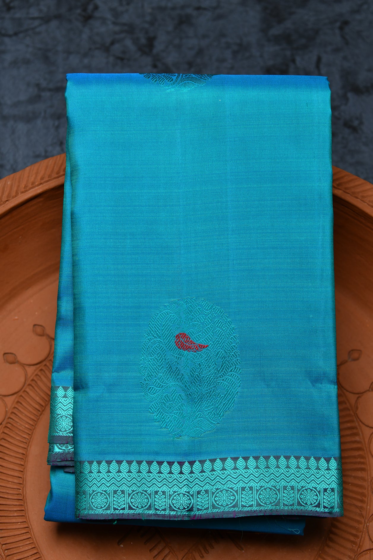 Thread Work Small Border With Peacock Butta Teal Blue Kanchipuram Silk Saree