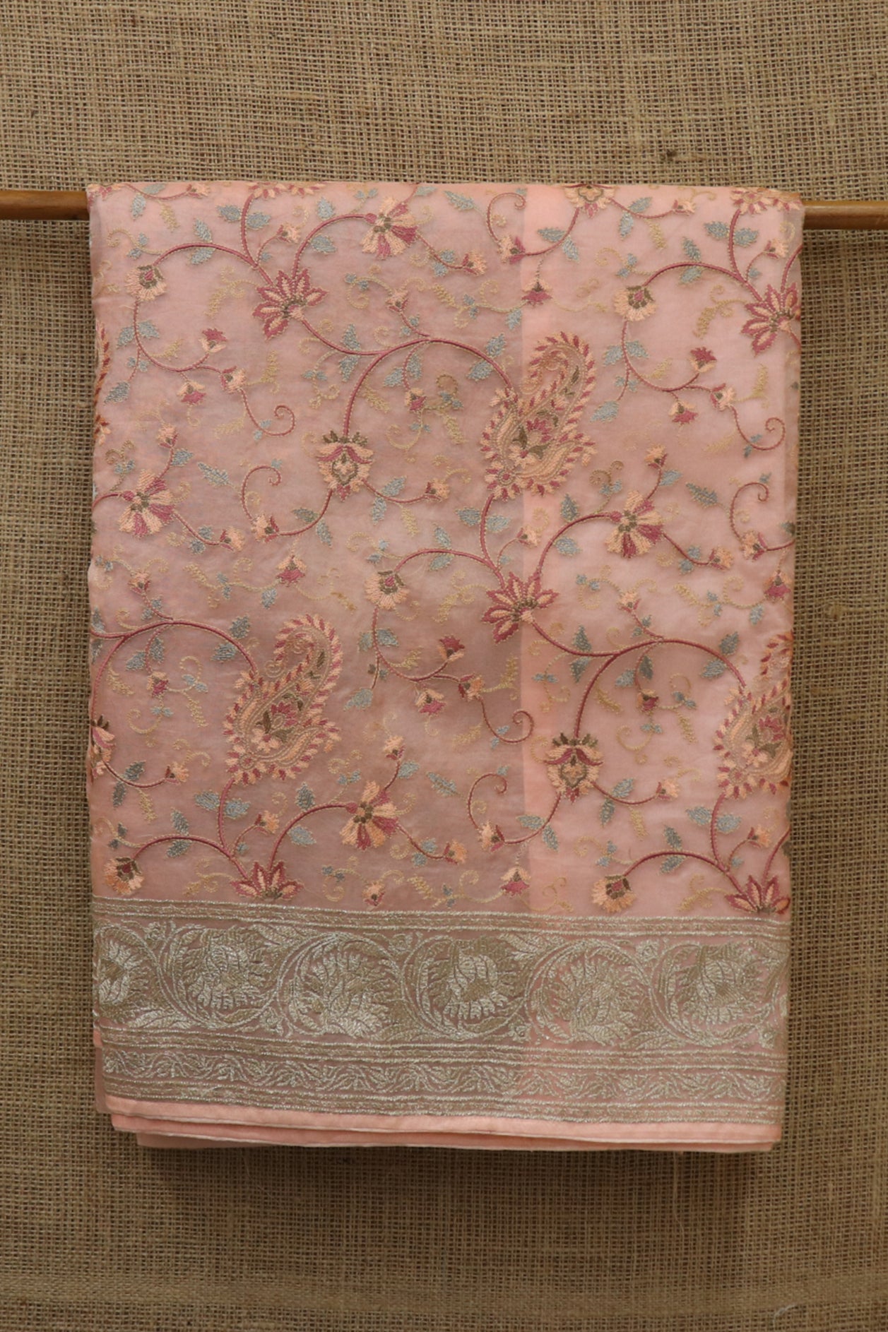 Embroidered Work Floral Creeper And Paisley Design Peach Pink Organza Saree