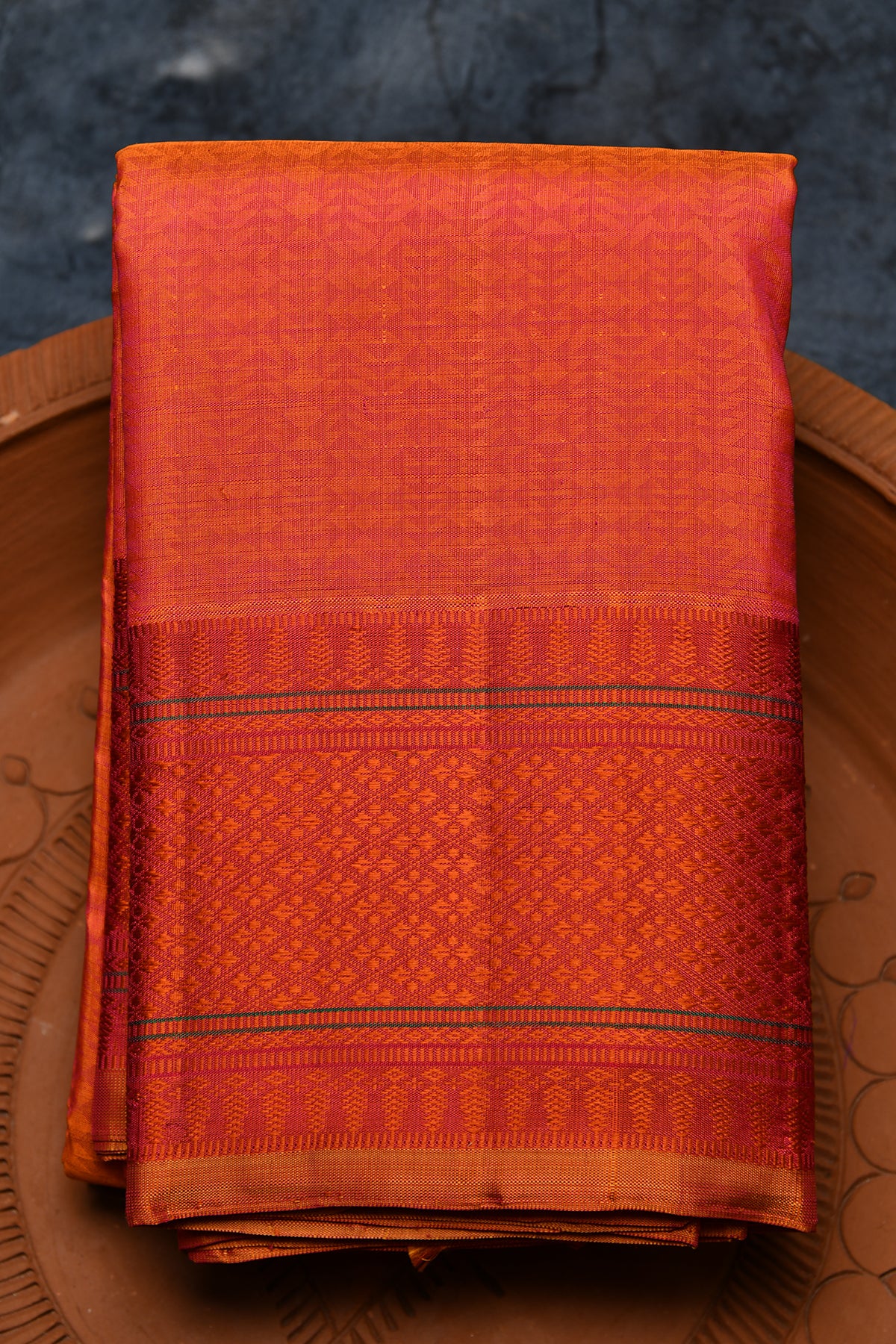 Thread Work Border With Self Buttis Rust Orange Kanchipuram Silk Saree