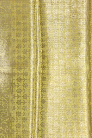 Contrast Temple Zari Border With Gold Tissue Floral Creeper Design Corn Yellow Semi Banaras Silk Saree