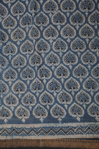 Spade Design Indigo Blue Ajrakh Hand Block Printed Cotton Saree