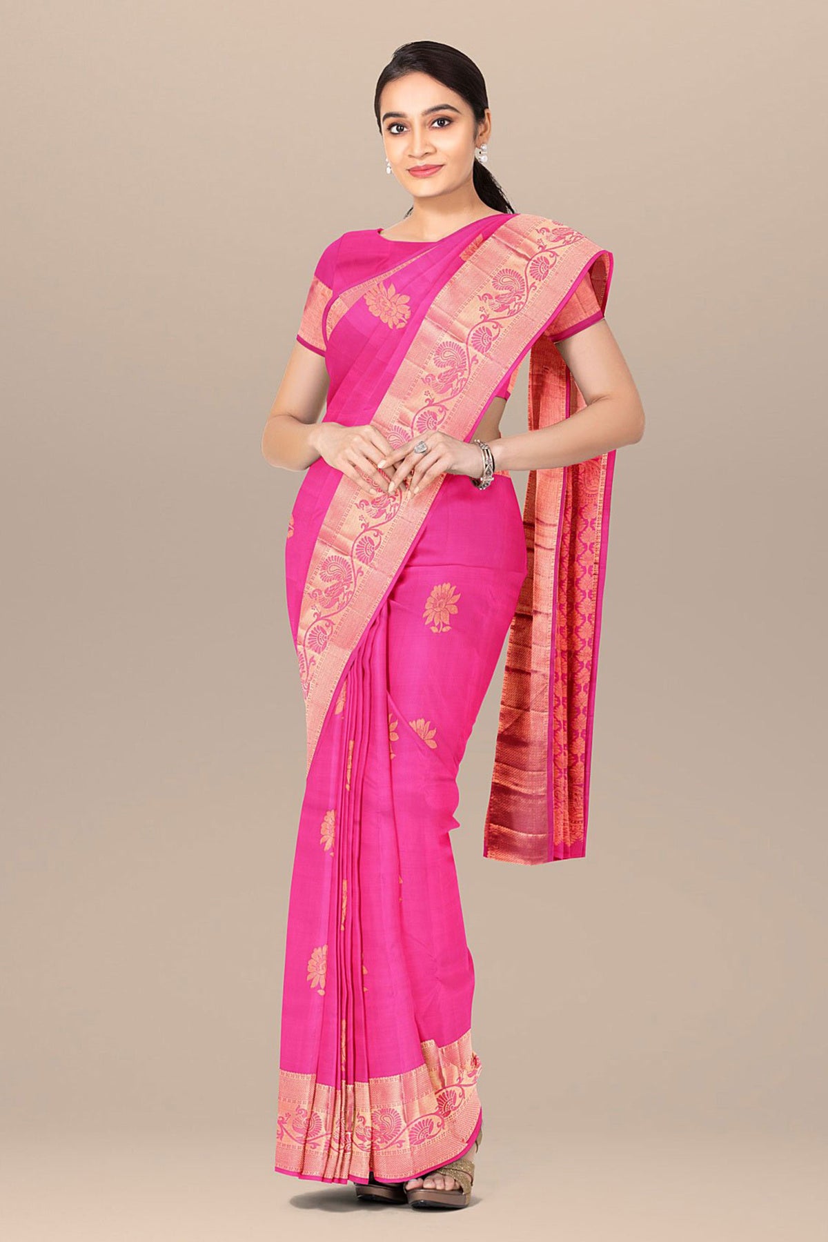 Copper Zari Border With Flower Motif Magenta Pink Kanchipuram Silk Saree