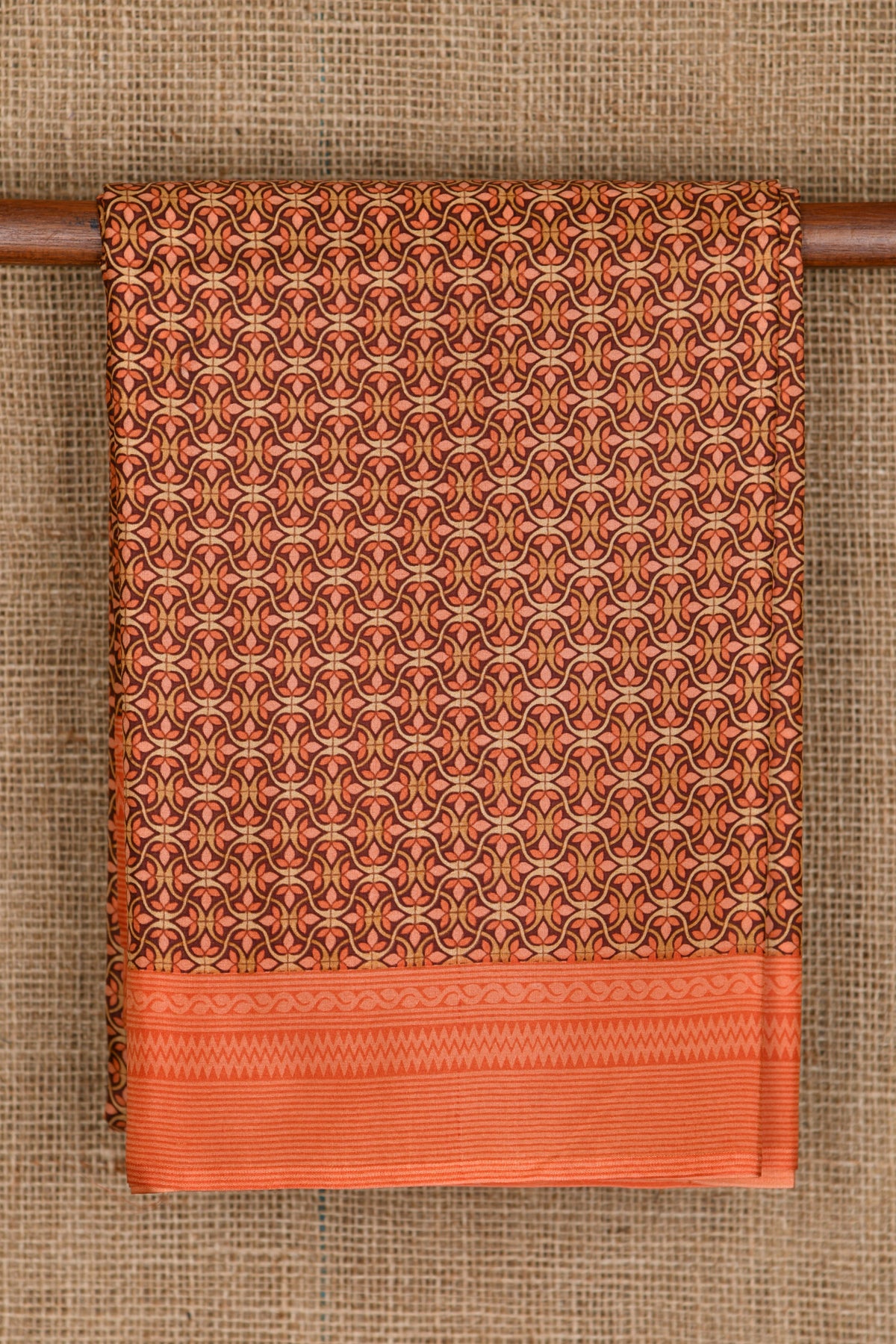 Floral Design Ogee Patten Brown And Orange Printed Silk Saree