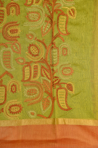 Contrast Border With Embroidered Work Moss Green Chanderi Cotton Saree