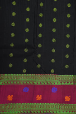 Contrast Thread Work Annam And Rudraksh Border With Buttis Black Kanchipuram Silk Saree